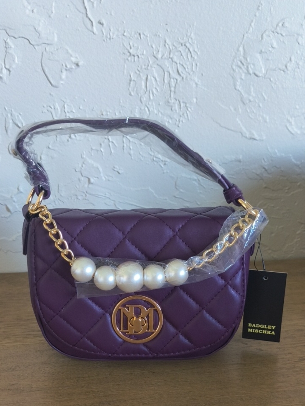 Badgley Mischka Deep Purple Quilted Pearl-Accent Shoulder Bag